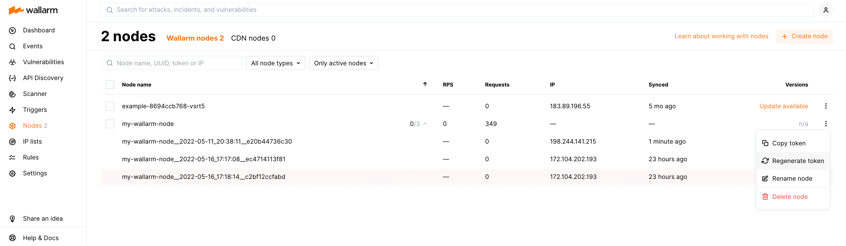 Regenerating Wallarm node token