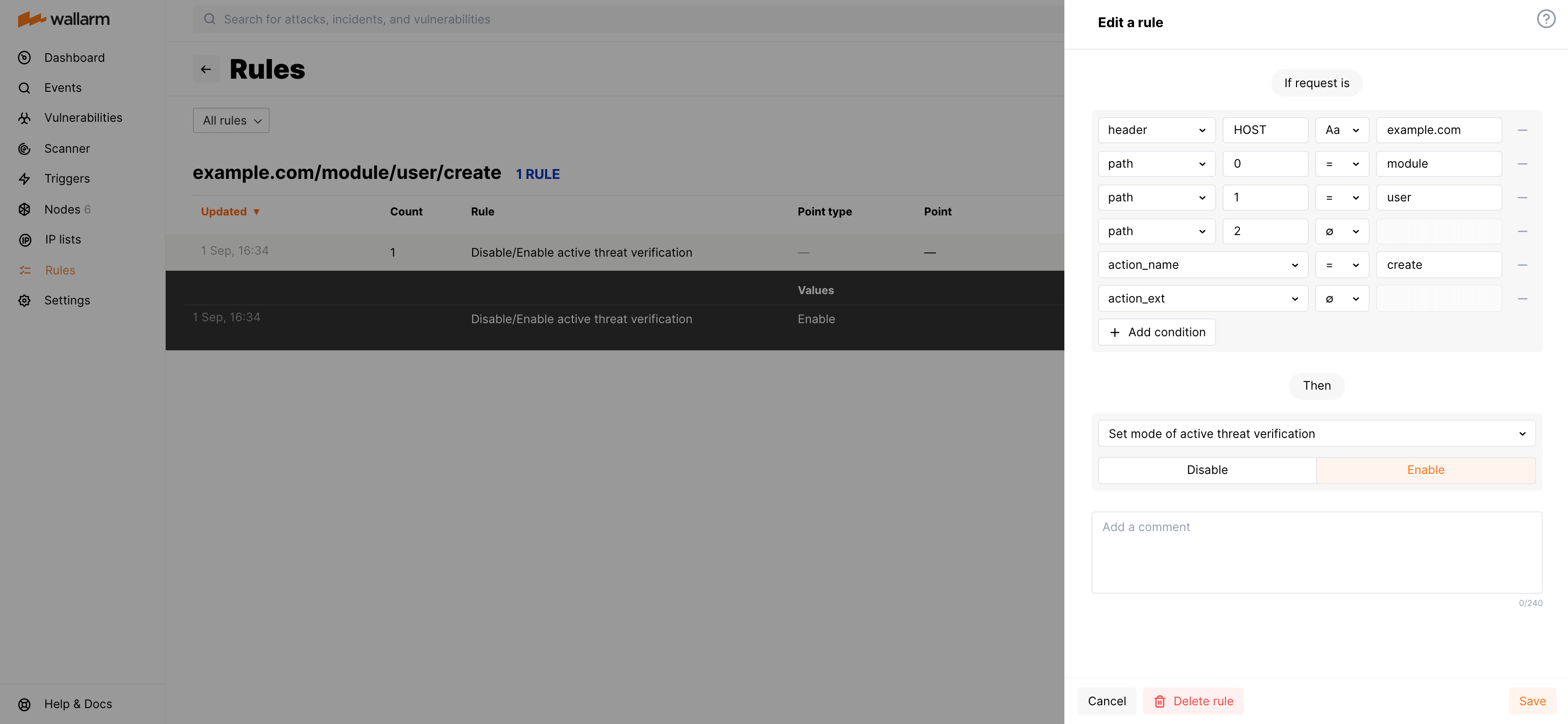 Example of the rule "Set mode of active threat verification"