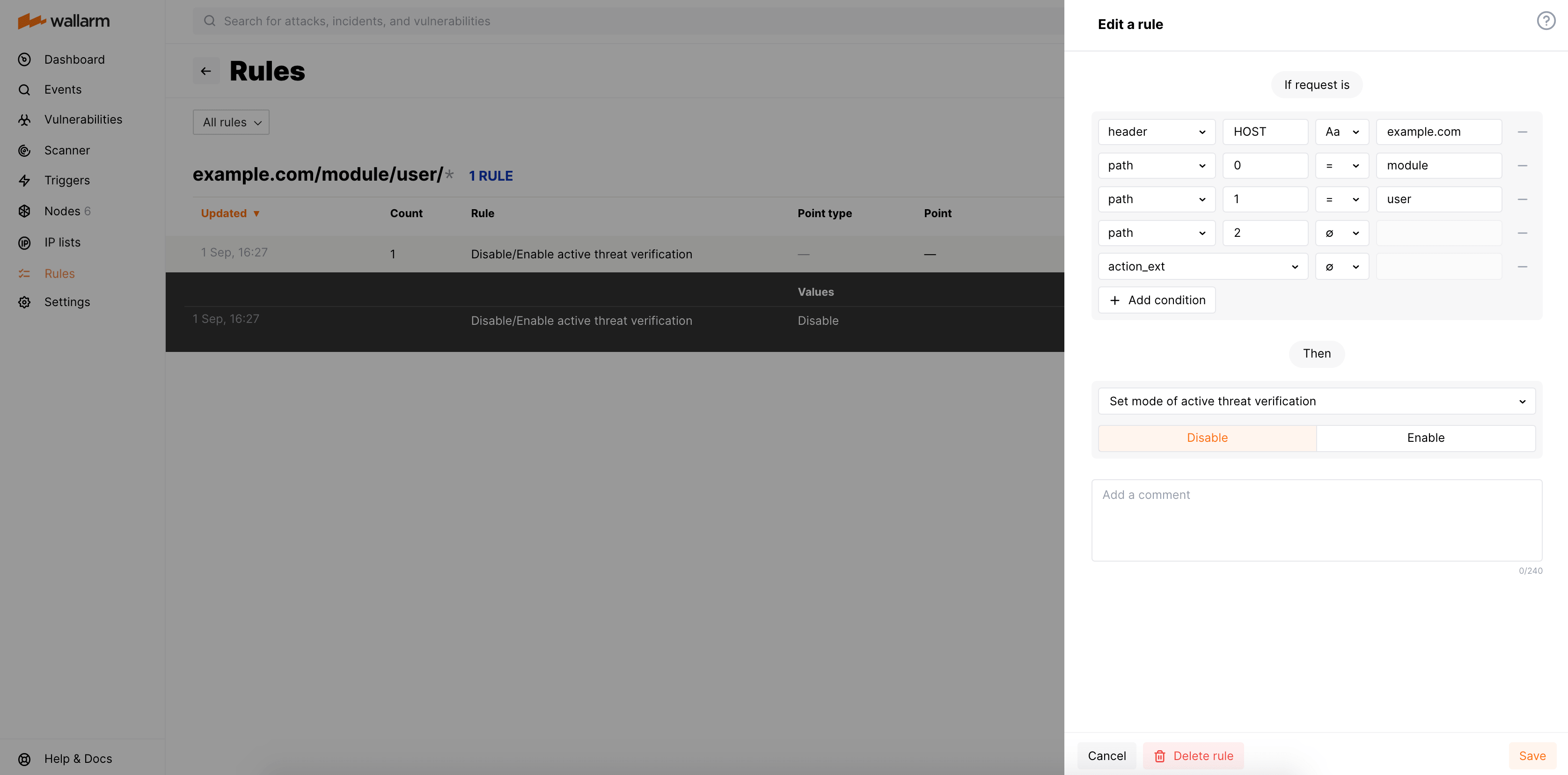Example of the rule "Set mode of active threat verification"