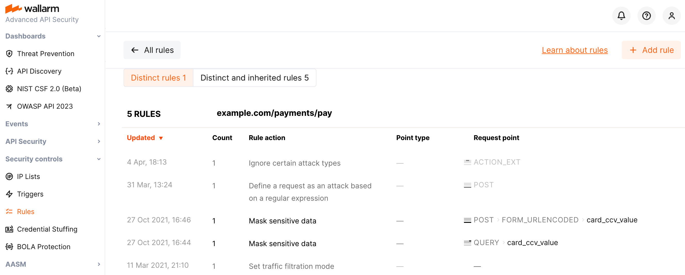 Distinct and inherited rules for endpoint