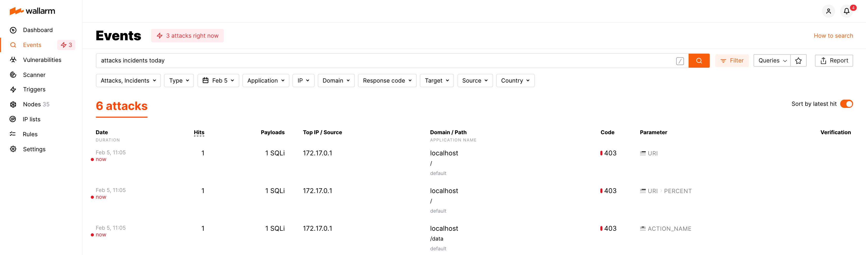 3 SQLi hits in Wallarm Console